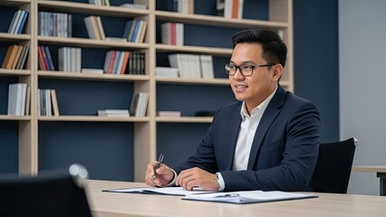Obraz premium Professional businessman sitting at a desk in a modern office.