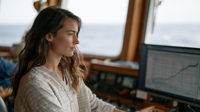 Over-the-shoulder view of oceanographer analyzing dissolved oxygen depth profile on research vessel computer, data curve showing expansion of hypoxic zone, vessel instrument panel