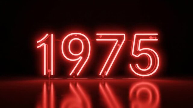 Glowing red neon sign displaying the year 1975 for retro birthday or anniversary celebration.