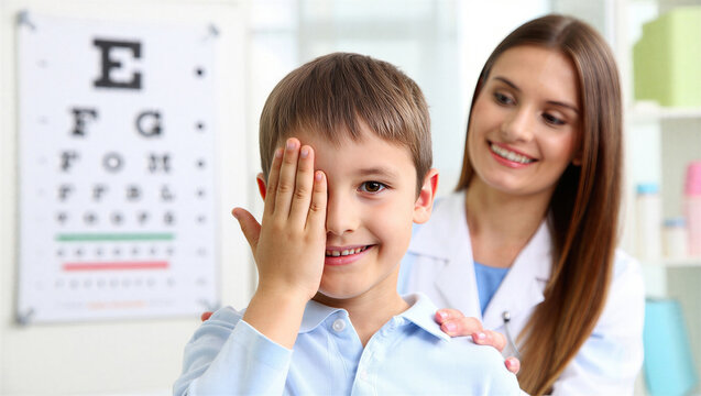 Boy with eye patch during an eye examination. Pediatric eye care, vision screening.