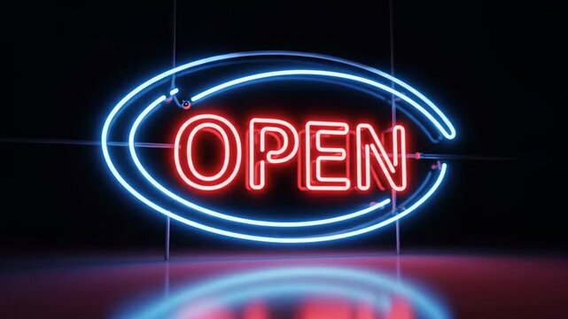 Glowing red neon open sign illuminated against a dark background for retail and business concepts.