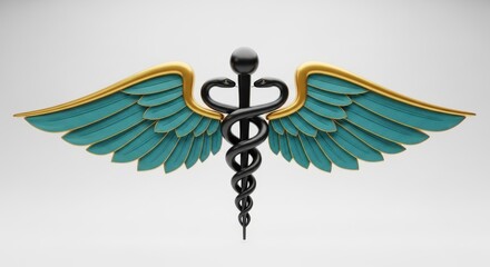 Fototapeta premium 3d render of a caduceus medical symbol with black snakes and teal wings isolated on white background