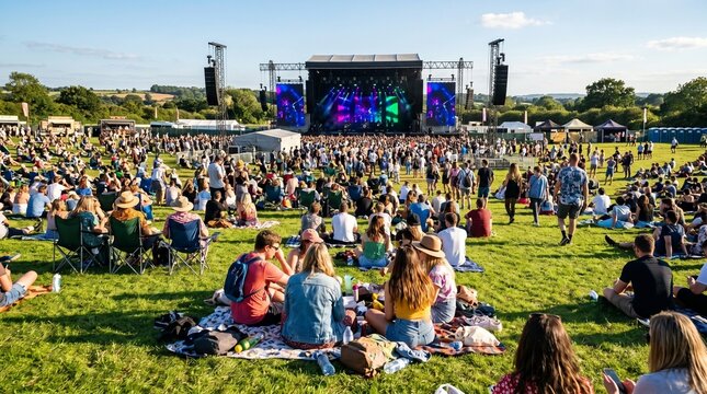 Large crowd of people sitting on green grass watching live music performance on outdoor stage with screens