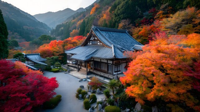 紅葉に囲まれた山里の禅寺と秋の日本旅行風景