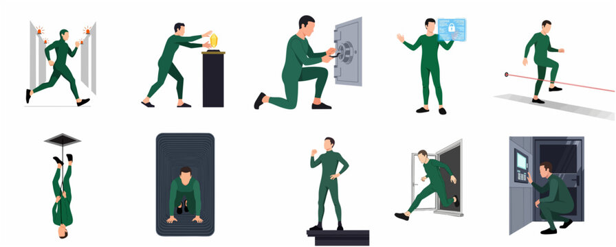 Professional thief and burglar character set performing various heist and infiltration actions