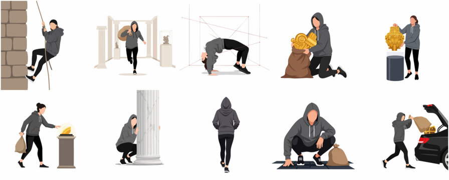 Female burglar character set performing art heist actions including dodging lasers, stealing artifacts from museum gallery, and escaping with loot.