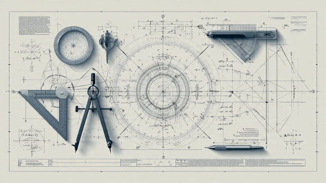 Detailed Technical Blueprint with Drafting Tools and Geometric Circles Layout for Engineering Design