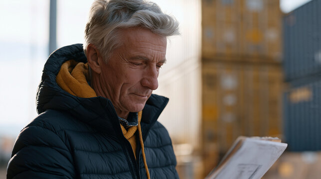 Elderly retired freight forwarder revisits a busy intermodal rail yard as a visitor, watching double-stack container trains being assembled, comparing current operations to a