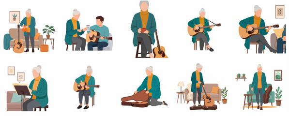 Fototapeta premium Elderly woman learning and playing acoustic guitar illustrations set, senior lifestyle and music hobby concept