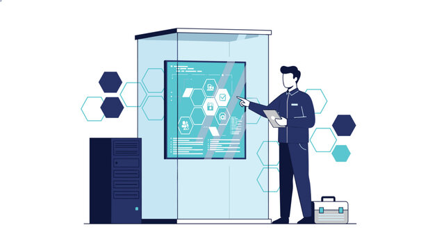 IT technician using a tablet to manage a digital interface on a server room glass enclosure featuring hexagonal icons and server hardware.