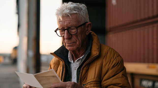 Elderly retired freight forwarder revisits a busy intermodal rail yard as a visitor, watching double-stack container trains being assembled, comparing current operations to a