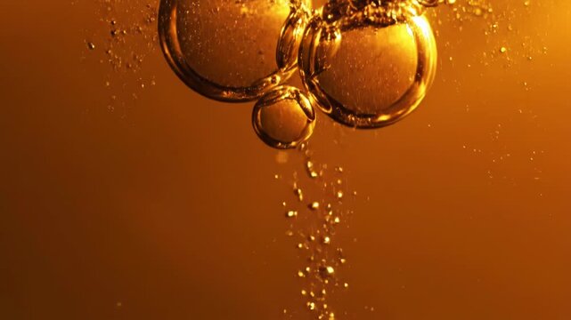 Macro shot of glowing golden bubbles rising through warm amber liquid with sparkling bokeh highlights. Detailed effervescence and fluid motion in orange tones.