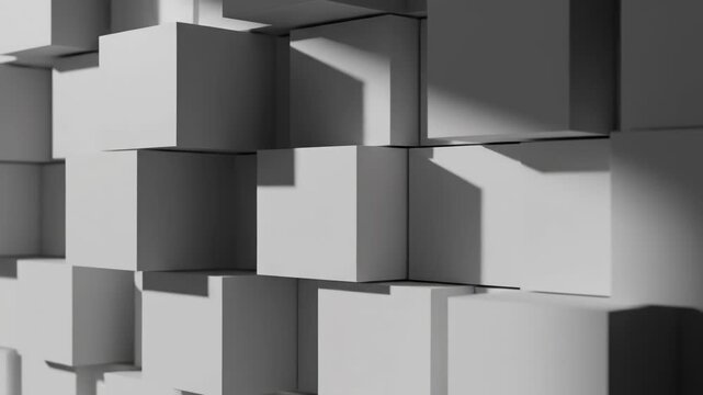 Abstract 3D white geometric wall background featuring various rectangular cubic blocks at different depths. Minimalist architectural design with sharp directional light and soft shadows.