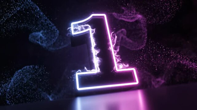 Glowing neon number one with energy particles representing success, leadership, and first place victory.