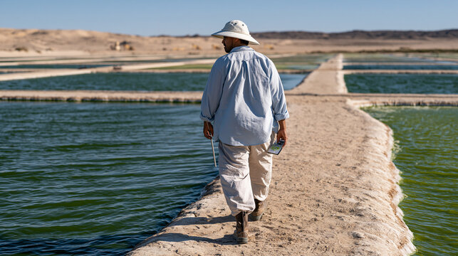 Wide establishing view of algae cultivation pond array at desert research station, biological engineer walking along pond berm taking water quality measurements, open raceway pond