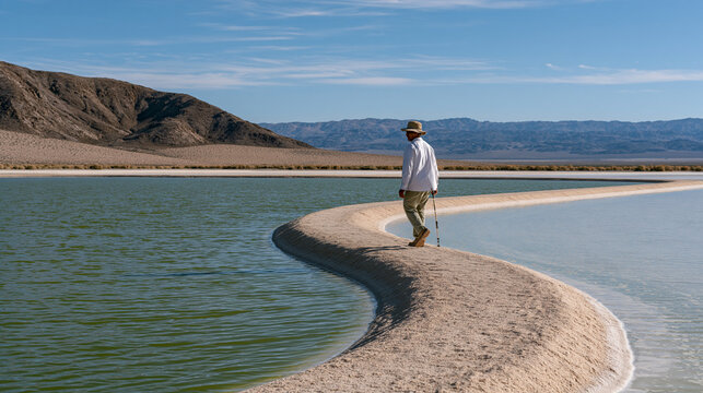 Wide establishing view of algae cultivation pond array at desert research station, biological engineer walking along pond berm taking water quality measurements, open raceway pond