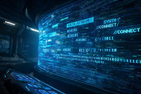 Futuristic Digital Data Stream Display with Binary Code and Connection Interface