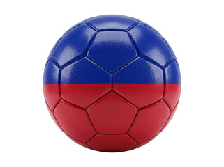 Fototapeta premium Soccer Ball with Blue and Red Panels, Textured Leather Surface, Stitched Seams, Isolated on White Background for Sports Promotion