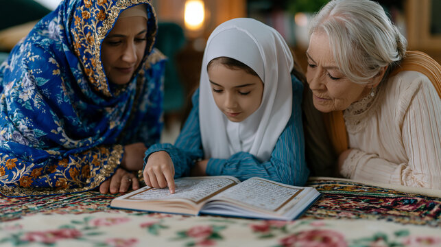 Muslim schoolgirl practicing Arabic Quran recitation with her grandmother on a floral living room rug, finger tracing the script, elderly woman nodding encouragingly, intergenerational faith transmi