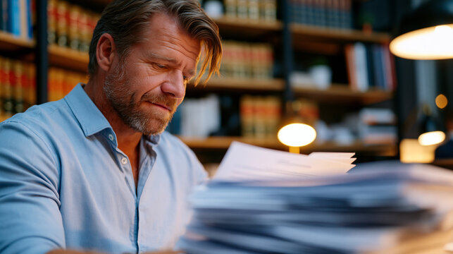 Over-the-shoulder view of a human rights attorney reviewing a stateless person's birth registration appeal documents inside a spare legal office stacks of international law references visible captur
