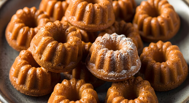 Heap of sweet rice bundt cakes, Korean dessert made from freshly milled sweet brown rice flour, sweet red bean paste, and powder sugar on top in a plate