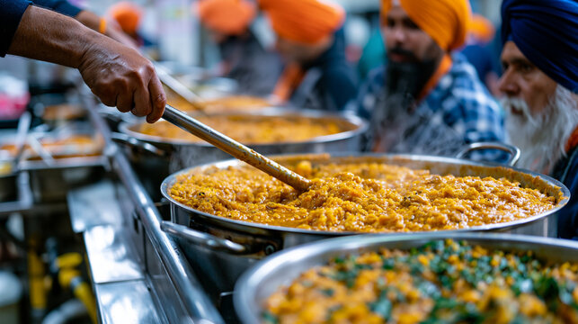 Sikh volunteers in bright turbans standing at steel prep tables inside a langar kitchen, stirring enormous pots of dhal, steam rising, community service faith seva selfless giving Sikhism gurdwara m