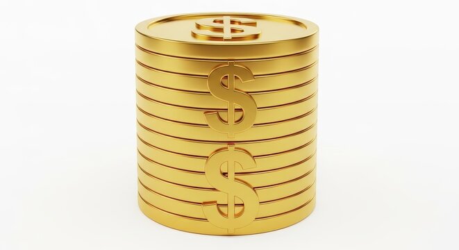 A stack of gold coins with dollar signs isolated on white background