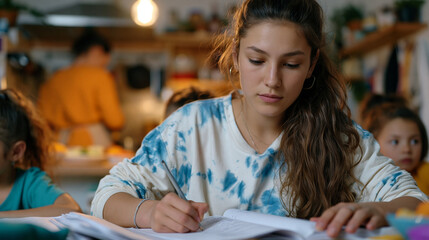 Obraz premium Teenage girl in a crowded apartment doing homework on a kitchen table surrounded by younger siblings a single bare bulb overhead parent visible cooking in the background representing intergeneration