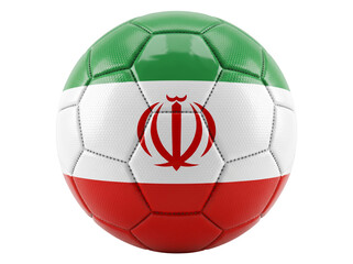 Fototapeta premium Football with Iran Flag Emblem, Green White Red Panels, Textured Leather Surface and Stitched Seams on a Clean Background