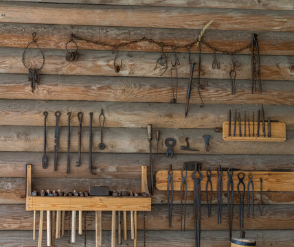 old rusty tools on wood