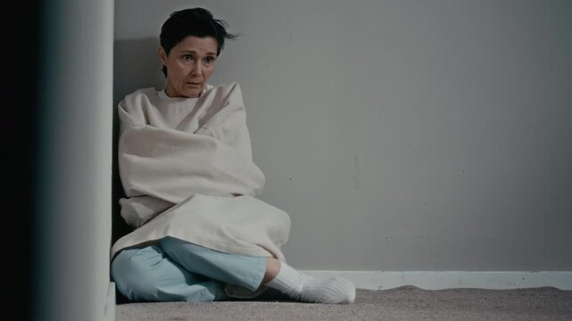 Eye level shot of middle aged Caucasian woman wearing straitjacket sitting on floor in psychiatric clinic corner, looking anxious. Clip is ideal for mental health awareness campaigns or videos