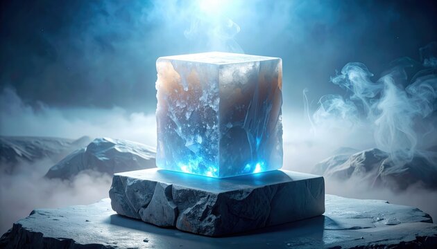 A large block of crystallized salt with internal blue light glowing, resting on a stone base