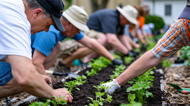 Volunteer parishioners kneeling in a church garden plot, planting seedlings between rows of vegetables destined for a food pantry, raised beds and hand tools, religious community service growing nou