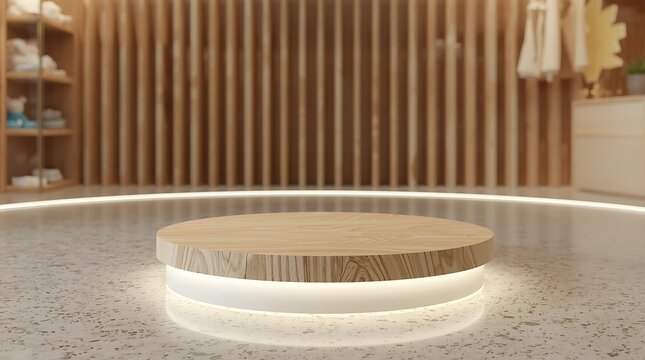 Elegant Wooden Display Platform with Ambient Lighting in Modern Interior.