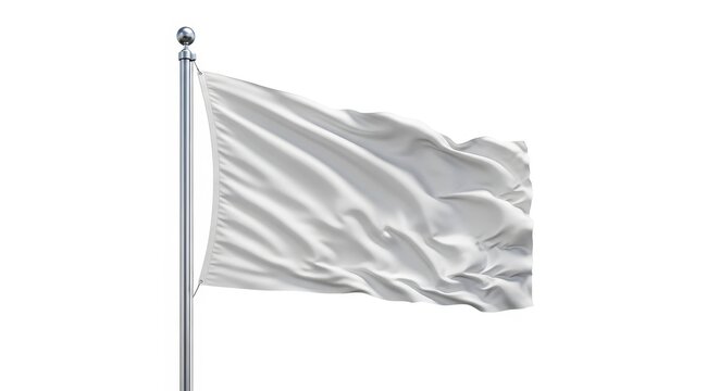 White flag waving on a flagpole isolated on white background