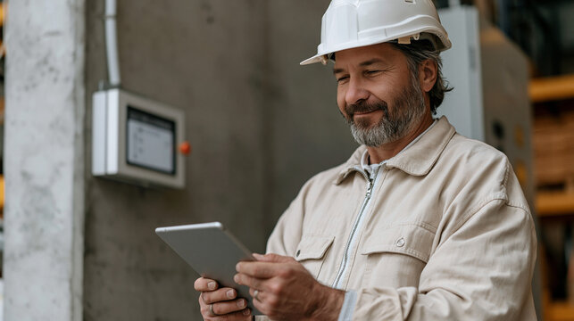 Warehouse facility energy manager reviewing demand response curtailment notification on wall mounted display beside industrial equipment, commercial load flexibility program