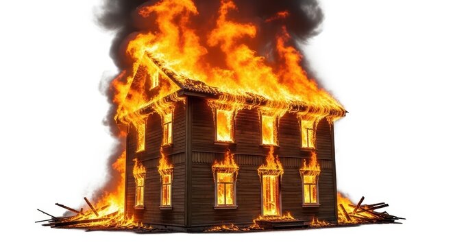 A wooden house engulfed in flames and thick black smoke, isolated on white background