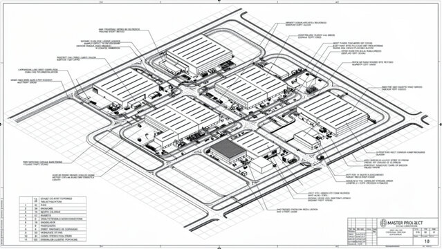 Detailed technical blueprint of an industrial facility with various structures and layout elements in monochrome style
