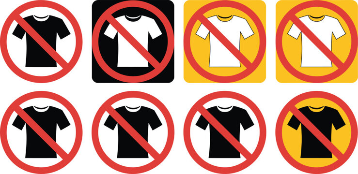 No T shirt sign, prohibition symbol with red circle slash indicating clothing restriction apparel not allowed and safety regulation compliance.