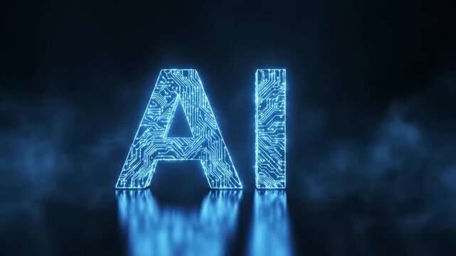 Glowing blue circuit board patterns forming the letters AI representing artificial intelligence and digital technology.