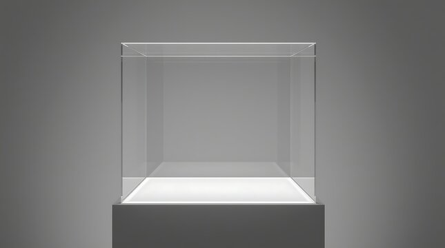 Empty Glass Display Case on a White Pedestal with Soft Lighting.