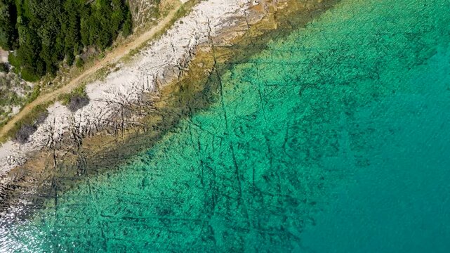 A stunning top-down aerial drone shot capturing the crystal-clear, emerald-turquoise waters of Silba Island, Croatia. The transparent sea beautifully reveals the rocky textures and patterns of the