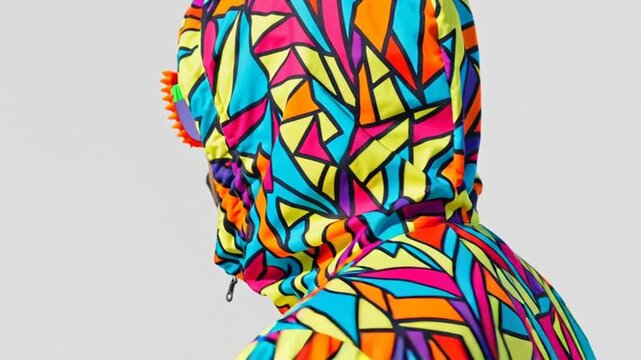 A person wearing a vibrant hooded jacket with a multicolored geometric pattern stands alone in a plain gray environment.