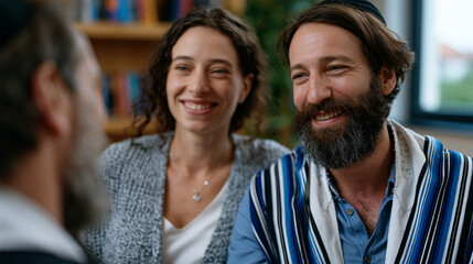 Obraz premium Young couple from different religious backgrounds visiting a rabbi for premarital counseling, nervous expressions softening into laughter, interfaith marriage guidance pastoral care love commitment 