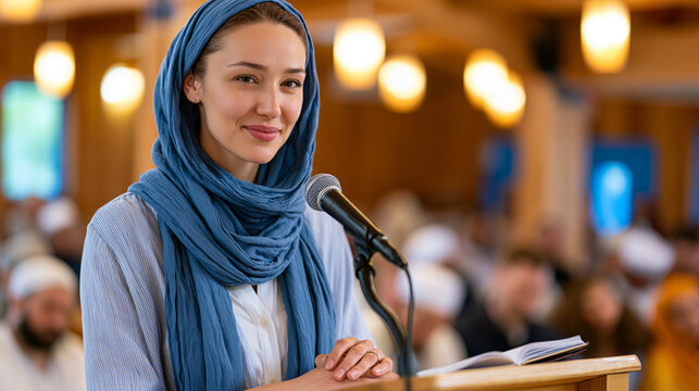 Young adult Muslim woman delivering a khutbah to a mixed gender congregation in a progressive mosque, confident posture at the podium, women religious leadership Islam reform community contemporary 