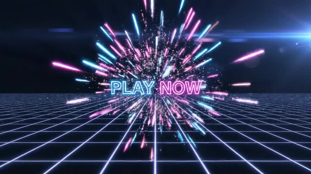 Futuristic gaming banner with neon play now text and glowing light speed motion effect.