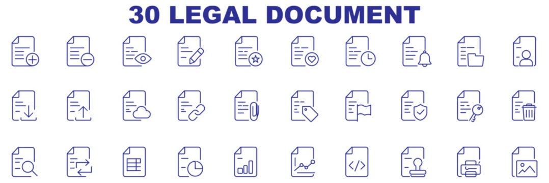 Legal Document icon set. Editable Stroke Icon Collection. Legal Icons Set. Outline icon set of legal documentation and ethics: contract icon, signature pen, affidavit, certificate and More.