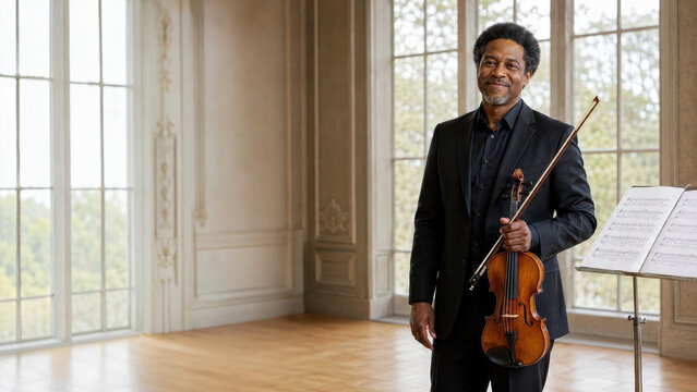 A smiling mature male violinist stands holding his violin and bow in an elegant light-filled room. He poses next to a music stand with sheet music, conveying calm confidence.