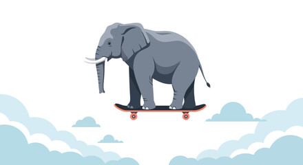 Elephant riding skateboard flying through clouds, surreal and whimsical concept © asmaul