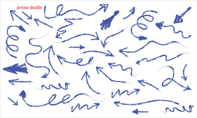 Obraz premium Hand drawn vector Blue ball pen doodle arrows on checkered paper background. Hand drawn blue highlights, underlines and emphasis crayon elements. Blue pen check marks, ovals and school shapes 
